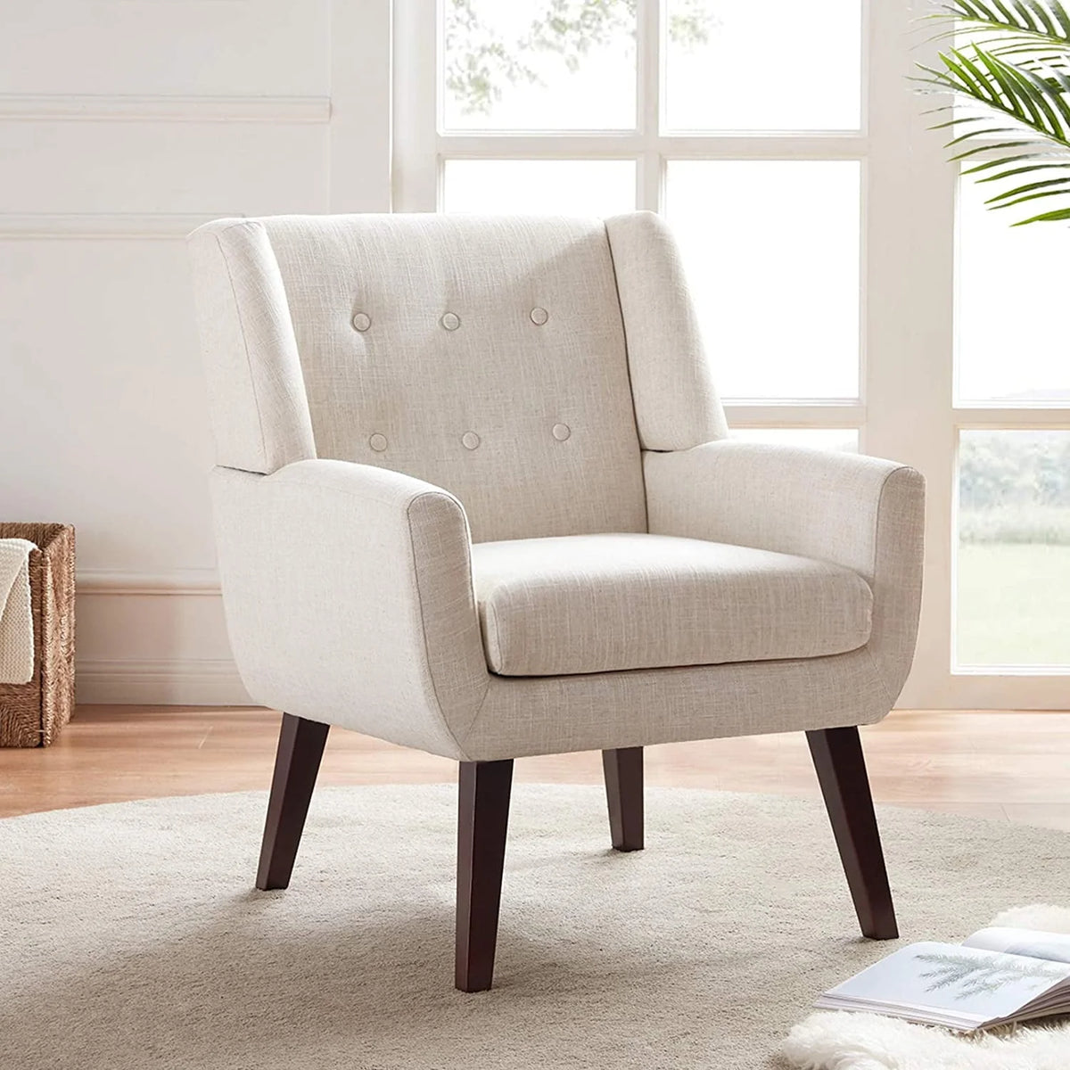 2026 NewHUIMO  Accent Chair, Button-Tufted Upholstered  Living Room Chairs,  Mid Century Modern Comfy Reading Chairs for Bedroom, Living Room, Beige