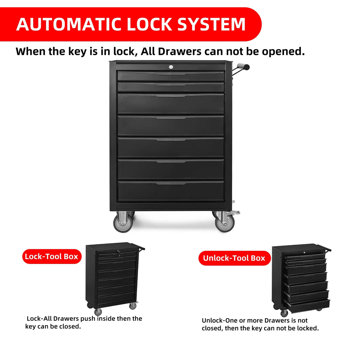2026 New7-Drawer Rolling Tool Chest Cabinet, Large Capacity Metal Tool Box with Wheels and Cylinder Locking, Roll Around Storage Organizer Tool Cart for Garage, Warehouse, Work Shop - Black