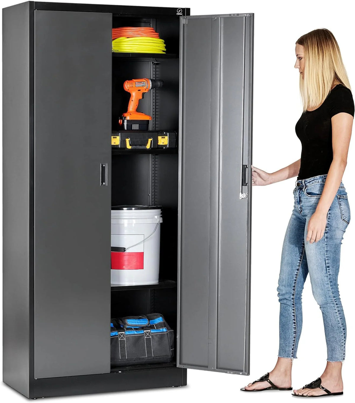 2026 NewHeavy Duty Metal Garage Locker - 71 "tall large steel multipurpose locker with adjustable shelves and door locks - black and silver