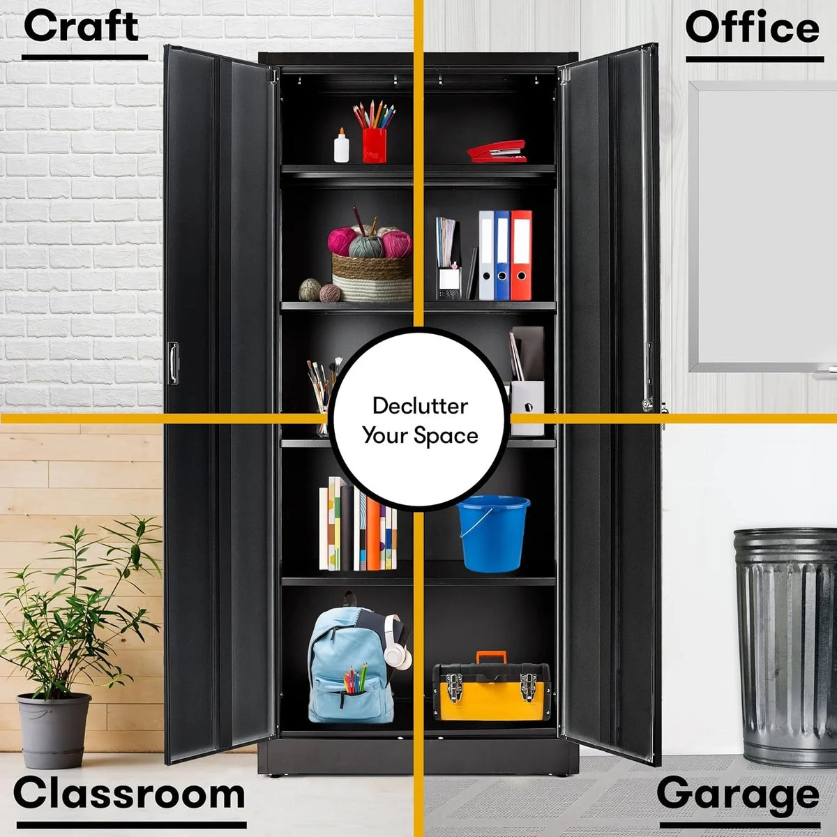 2026 NewHeavy Duty Metal Garage Locker - 71 "tall large steel multipurpose locker with adjustable shelves and door locks - black and silver
