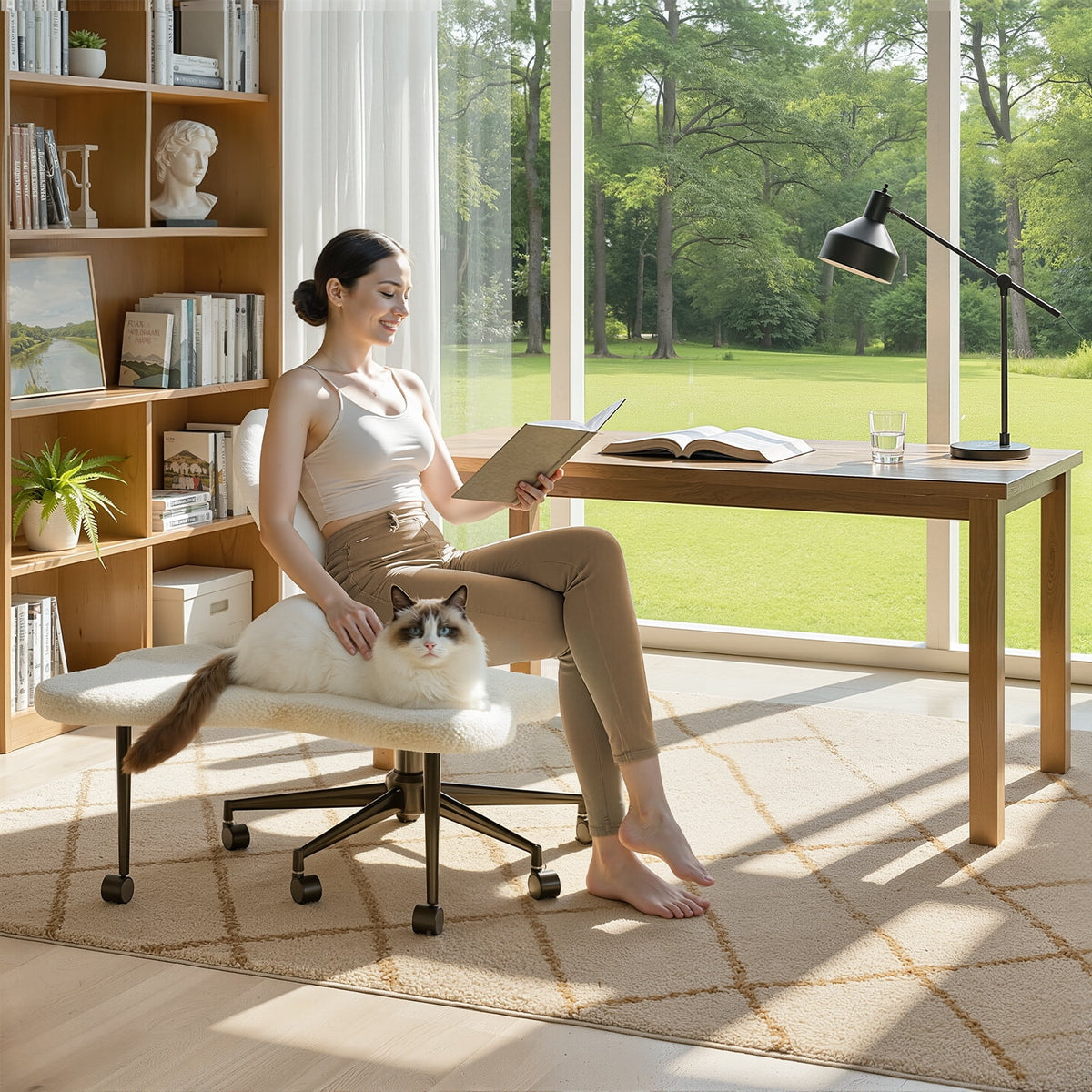 2026 NewPinmoco Ergonomic Cross Legged Swivel Chair, Adjustable Height and Teddy Fabric, Meditation& ADHD Chair with Back Support, Home and Office, Off White