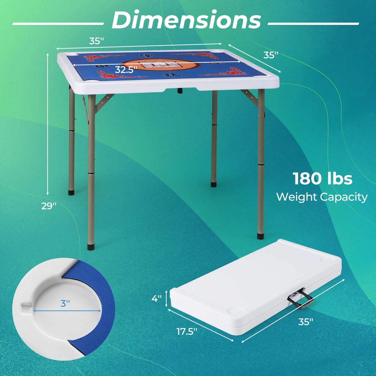 2026 NewCostway 35" Folding Mahjong Table with Cup Holders & Smooth Felt Mat Carrying Handle Green