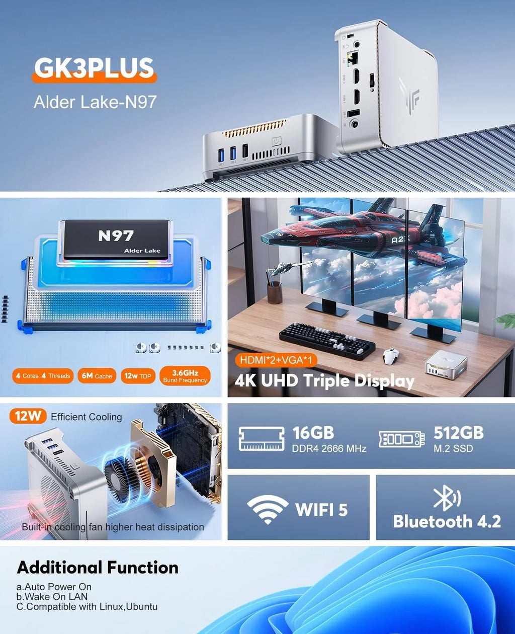 2026 NewKAMRUI GK3Plus Mini PC, 16GB RAM, 512GB M.2 SSD Mini Computer