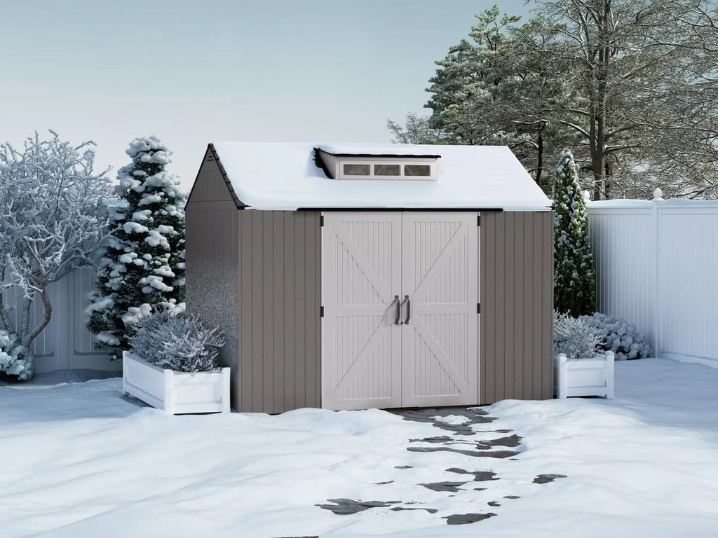 2026 NewRubbermaid resin garden shed with floor (2.13 x 2.13 m), weatherproof, grey, for storing garden tools, lawnmowers, bicycles and pool accessories