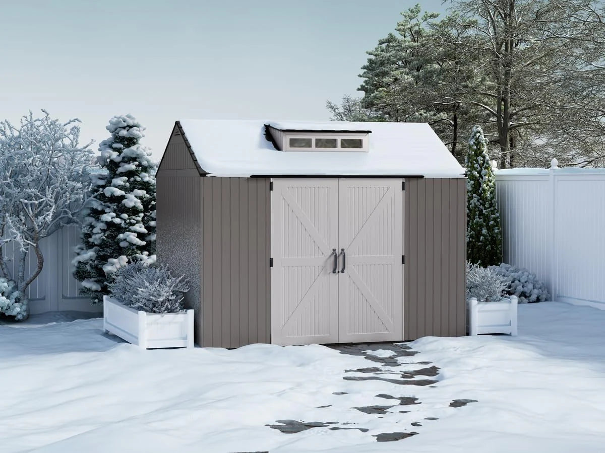 2026 NewRubbermaid resin garden shed with floor (2.13 x 2.13 m), weatherproof, grey, for storing garden tools, lawnmowers, bicycles and pool accessories