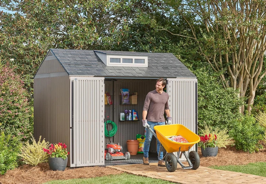 2026 NewRubbermaid resin garden shed with floor (2.13 x 2.13 m), weatherproof, grey, for storing garden tools, lawnmowers, bicycles and pool accessories