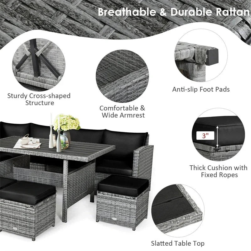 2026 New7 Pcs Rattan Patio Dining Furniture Sectional Sofa Set with Dining Table, Ottomans & Cushions