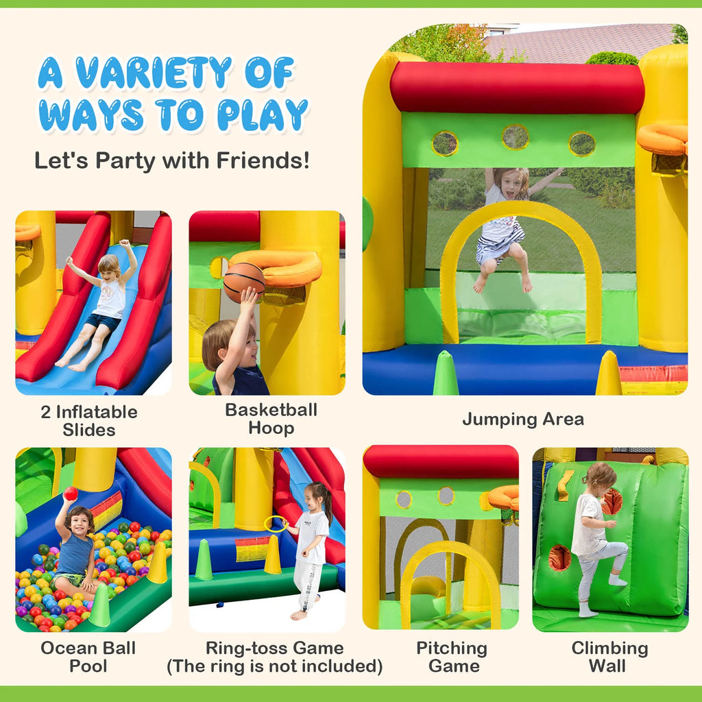2026 NewCostway Colorful Rainbow Kids Inflatable Bounce Castle with 50 Ocean Balls & 735W Blower