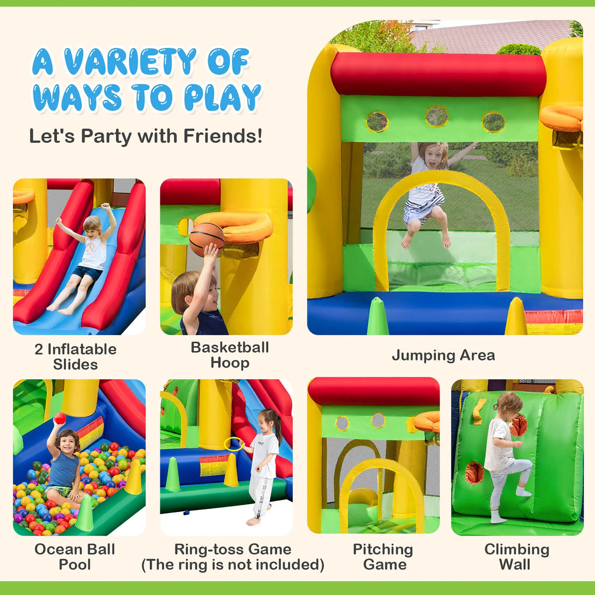 2026 NewCostway Colorful Rainbow Kids Inflatable Bounce Castle with 50 Ocean Balls & 735W Blower