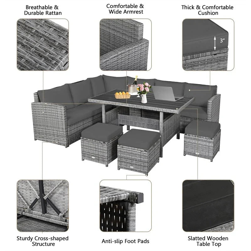2026 New7 Pcs Rattan Patio Dining Furniture Sectional Sofa Set with Dining Table, Ottomans & Cushions