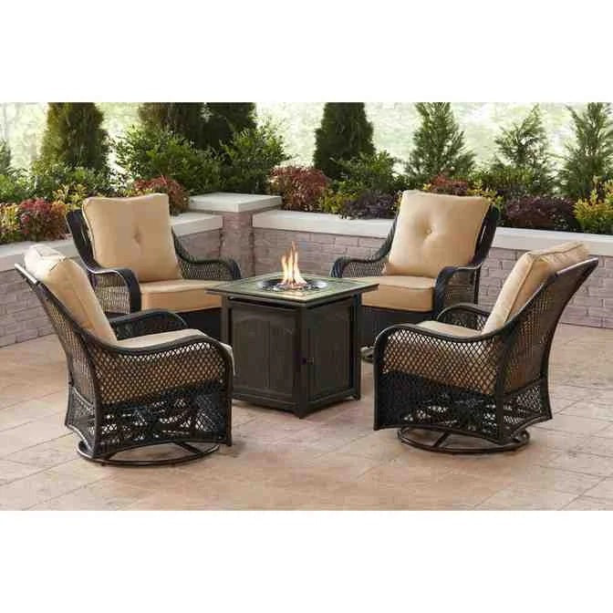 2026 New2025 5-piece steel patio fire pit seating set with navy blue cushions, swivel gliders and square fire pit table